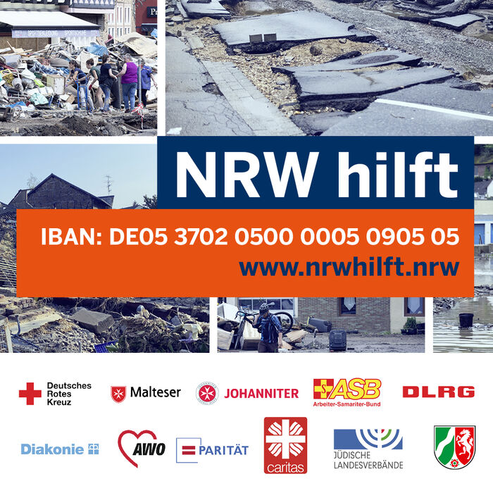 Spendenaufruf NRW für die Flutopfer mit den Bankdaten und der Internetadresse.